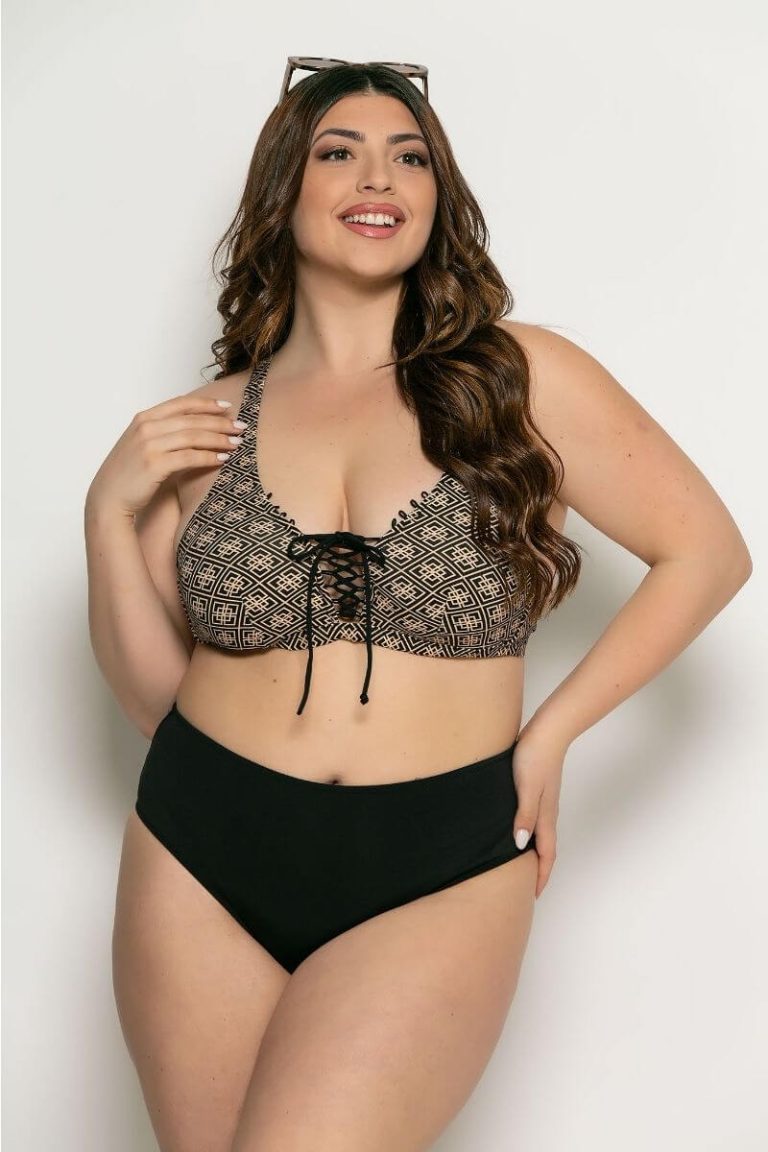 Μαγιό bikini Με Ρέλια Και Εμπριμέ Τοπ Μαύρο Μπεζ