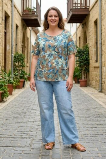 Μπλούζα Με Σούρα Κοντομάνικη Εμπριμέ viscose