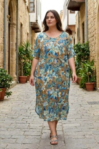 Φόρεμα Ελαστικό Κοντό Μανίκι Εμπριμέ viscose